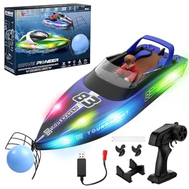 Snorthy Bateau Télécommandé 2,4 GHz RC Bateau avec Boule Flottante et Lumières LED Bateaux de Course pour Enfants RC Haute Vitesse Bateaux de Course RC Haute Vitesse Jouets de Piscine pour Lac Étang