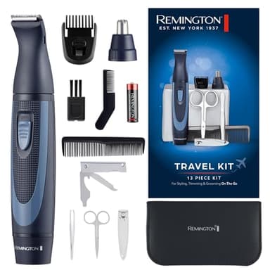 Remington NE3890 Kit de voyage hygiénique dans un étui [13 pièces : pour cheveux & manucure/pédicure, etc.] Tondeuse à barbe, tondeuse à poils du nez, tondeuse oreilles et sourcils, coupe-ongles et