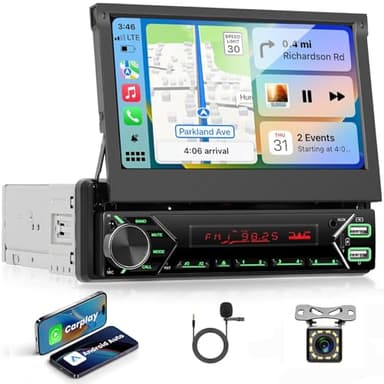 VECHTEL Autoradio 1 Din avec Carplay Android Auto sans Fil, Autoradio Carplay à Rétractable Automatique IPS HD Écran Tactile de 7 Pouces, Support Bluetooth Dab Mirror Link FM 2 USB Type-C MIC Caméra