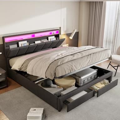 lit Coffre 160x200 avec Éclairage LED et Port USB,lit Hydraulique avec Étagères Ouvertes et Rangement Caché en Tête de Lit Capitonné,lits 2 personnes avec 2 tiroirs et sommier à Lattes,Velours