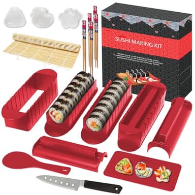 HI NINGER Sushi Maker Set - Édition Deluxe : Édition Deluxe : Ensemble De 20 Pièces Pour Débutants Avec Natte De Roulage, Moules À Riz, Couteau, Baguettes – Kit Sushi Complet (Rouge)