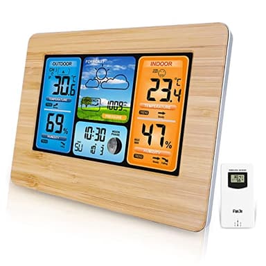 AOZBZ Station météo numérique sans Fil avec capteur extérieur, thermomètre intérieur et extérieur avec Temps, température, humidité, baromètre, réveil (Bois Updates)