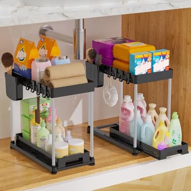 Vihoom Lot de 2 Rangement sous Évier, Organisateur sous Evier Cuisine avec 8 Crochet et 2 gobelet Suspendu, Etagere sous Evier pour Buanderie, Meuble, Salle de Bain (Noir)