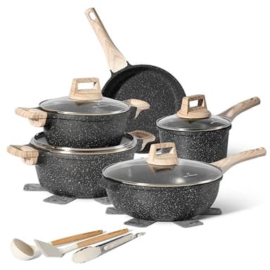 Batterie de Cuisine Antiadhésive 18 Pièces – Lot de Poêles et Casseroles avec Manche Amovible – Compatible Tous Feux Dont Induction – Revêtement Antiadhésif Sans PFOA (beige)