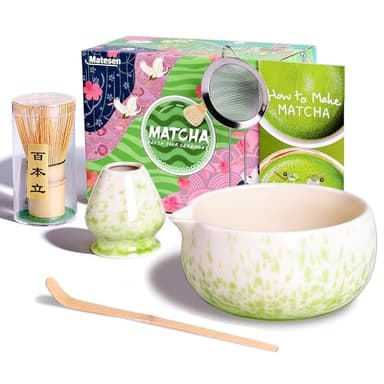 Matesen Matcha Kit Beige et Vert, 5 Pièces Matcha Set, Kit Matcha Complet, Ustensiles Pour Cérémonie du thé Japonais, Support de Fouet à Matcha, Coffret Matcha Cadeau de noël Pour la Famille, les amis
