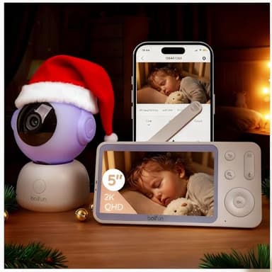 BOIFUN Smart Babyphone Camera 5" 2K, Connecté Via WiFi ou Mode Local, Vision Nocturne sans Lumière Visible, Détection & Alerte Pleurs/Mouvements/Température/Humidité, Suivi Auto 360°, Autonomie 17h