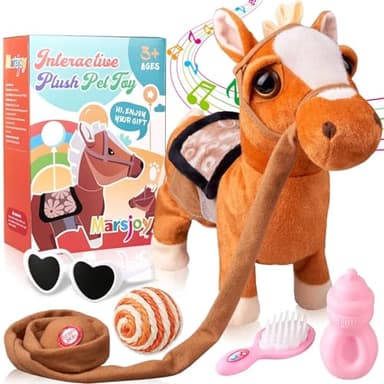 Marsjoy Jouet Musical en Peluche interactif en Forme de Poney Qui Marche Le Long du Cheval avec Laisse, Robot en Peluche secouant la tête des Fesses, pour garçons et Filles, Enfants ou Tout-Petits