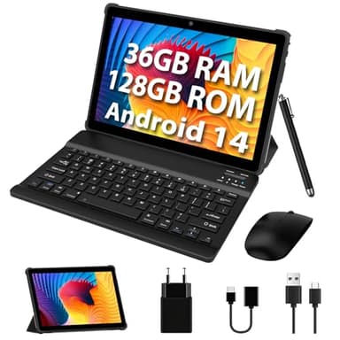 FASTWD Tablette 10 Pouces Android 14 Tablet 5G WiFi 36（12+24） Go RAM +128 Go ROM,Smart IPS,Batterie 8000 mAh,8MP+5MP| Bluetooth |OTG,avec Cas+Clavier+Souris,Gris