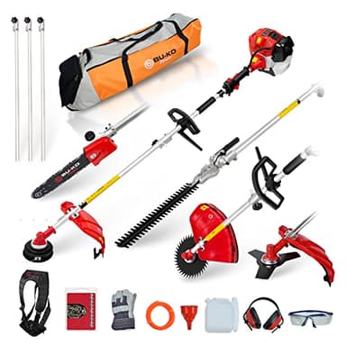 BU-KO Outil de Jardin Fonctionnel Multi-Essence Longue portée 52 CC : Taille-haie, sécateur tronçonneuse, débroussailleuse avec Ligne de déligneuse de 2,4 mm d'épaisseur et 3 rallonges Sac à Outils