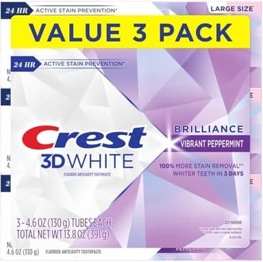 Crest Toothpaste 3D White Brilliance Vibrant Peppermint, 4.1Oz (Pack Of 3) , 116.2 G (Lot De