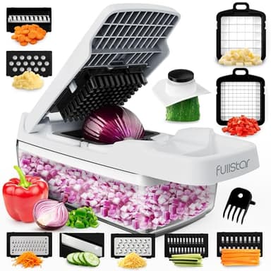 Fullstar Coupe Legumes Multifonctions et Mandoline - Trancheur ou Découpe Cube Oignons Carottes Concombres Frites Fruits - Rapeuse Legume et Fromage - Cuisine Accessoires (Standard 7-en-1 Blanc)