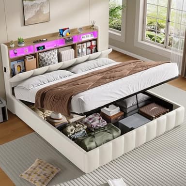KIMENICH Lit Coffre 160 x 200 à LED, Lit Hydraulique avec Étagères Ouvertes et Rangement Caché en Tête de Lit Capitonné, lit 2 Personnes avec Lattes en Bois, Lits 160 x 200 avec Sommier en PU Blanc