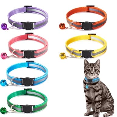 6X Colliers Chats Réfléchissants, Anti-Étranglement, Réglables 19-32cm, Clochette, Boucle de Sécurité.