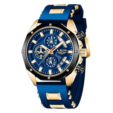 LIGE Montre Homme 3ATM Etanche Vintage Montres pour Hommes Chronographe À Quartz Analogique Étanche Bracelet Silicone Lumineux Date Affaires Élégant Quotidien Waterproof Watches for Men,Or Bleu