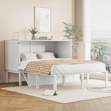PUGSDRLY Lit escamotable 140x200cm,Lit Pliant 2 Personnes avec Sommier à Lattes,d'appoint,Vertical Multifonctionnel Cadre pour Adulte Adolescent Enfant,sans Matelas (Blanc, 140x200)