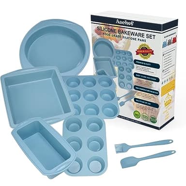 Aschef 7en1 Moule Gateau Silicone Antiadhésif Moules à Pâtisserie Four Rectangulaire Carré Rond Plaque à Patisserie Plat à Cake Résistant à la Chaleur pour Cupcake Pain Pizza Muffins Brioche