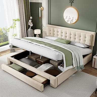 Lit Double Capitonné 180 x 200 cm en Bois avec Sommier à Lattes, Coffre et 2 Tiroirs de Rangement, Support des Lattes en Bois, Beige