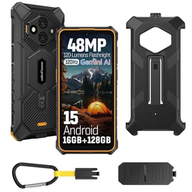 Ulefone RugKing 3 Pro Téléphone Portable Incassable Android 15, 16Go+128Go/SD-2To 5700mAh Batterie Octa-Core AI Smartphone 48MP + 8MP Caméra, 6,56" 120Hz/120LM Super Torch/3-Slots/OTG/GPS/NFC Orange