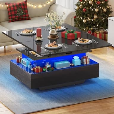 YITAHOME Table Basse Relevable Extensible, Haut Brillant Table de Salon avec LED Moderne et 2 Tiroirs, 4 en 1 Table Basse Transformable pour Le Salon