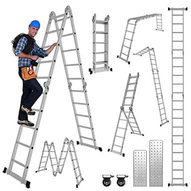 Joparri 4 x 4 Échelle Multifonction Pliante 470 cm 7 en 1 Échelle Polyvalente en Aluminium avec 2 Plaques d'Échafaudage, Jusqu'à 150 kg, SNOF-8972-M1C