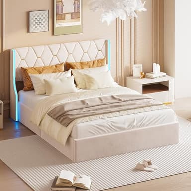 QMTXBYJ Lit Coffre 140x190 cm avec sommier, Lits Double Rembourré 140x190, Lits capitonné avec Rangement et Lumière LED, Cadre de lit avec tête de lit réglable en Hauteur et sommier à Lattes, Velours