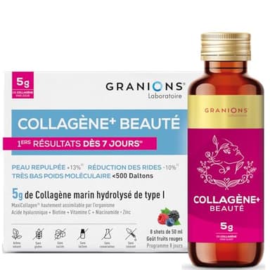Collagène Marin Granions - Collagene et Acide Hyaluronique + Vitamine C - Shot à boire de collagene marin - Goût fruits rouges - 5g de collagene marin hydrolysé de type 1-8 shots collagène de 50ml