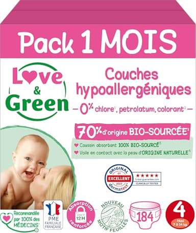 Love & Green - Couches Bébé Saines et Ecologiques - Taille 4 (7-14 Kg) - Pack 1 Mois (184 Couches) - Absorbante, anti-fuites et sans ingrédients indésirables