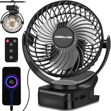 GOBRILLFUN Ventilateur à pince télécommandé 6 pouces 12 000 mAh, veilleuse LED, 3 vitesses, ventilateur USB personnel portable pour la maison, le bureau, le camping-car et le camping en plein air-noir
