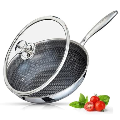Wok Induction, Anti-rayures, Acier inoxydable sans PFOA, Couvercle en verre résistant au four, Poêle wok 30cm Large, Pour toutes les plaques électriques, gaz, céramique