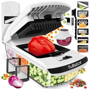 Fullstar Coupe Legumes Multifonctions et Mandoline - Trancheur ou Découpe Cube Oignons Carottes Concombres Frites Fruits - Rapeuse Legume et Fromage - Cuisine Accessoires (PRO 8-en-1 Blanc)