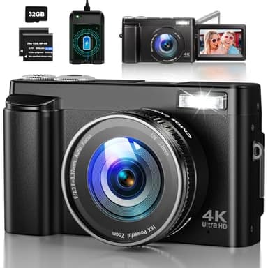 4K Appareil Photo Numérique, 48MP Autofocus avec Écran Rabattable 180°, Zoom Numérique 16X Appareil Photo vlogging avec Carte 32GB, Chargeur, 2 Batteries pour Adolescents, Débutants, Adultes