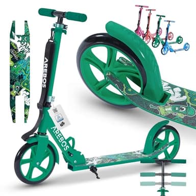Arebos Trottinette de Ville | Hauteur réglable | Pliable avec Sangle | Roues XXL | Frein à pédale | pour Enfants et Adultes | Charge Max. 100 kg | Verte