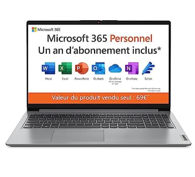 Lenovo IdeaPad 1 15IGL7 -Ordinateur Portable 15.6’’ FHD (Intel Celeron N4120,RAM 4Go,128Go eMMC,Windows 11 Home en Mode S) Clavier AZERTY FR,Premium Care 3 Mois,Microsoft 365 offert pendant 1 an -Gris