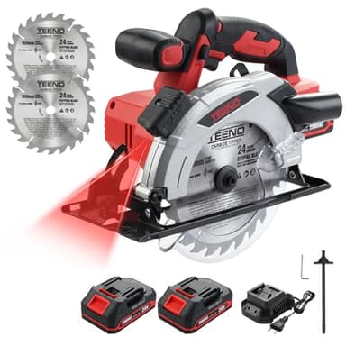 TEENO Scie circulaire laser sans fil 4000 RPM avec frein électrique, 2X2.0 AH batteries, 2X165mm lames, profondeur et angle de coupe réglables jusqu'à 38mm (45°), 54mm (90°).