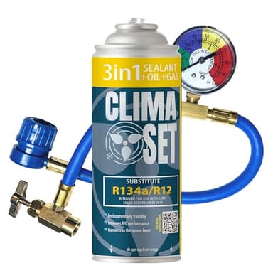 Clima Set 3 en 1 R134 Réfrigérant de Climatisation avec Produit d'Etanchéité et Huile - pour Climatisation Auto - Kit avec Tuyau et Manomètre - Réfrigérant pour Climatiseur Auto