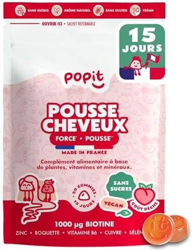 POP IT Gummies Pousse Cheveux et Ongles - Accélère la Croissance & Réduit la Chute - Complément Alimentaire Cheveux avec Biotine, Zinc & Sélénium - Vegan, Sans Sucres, Goût Pêche, Made in France - 30u