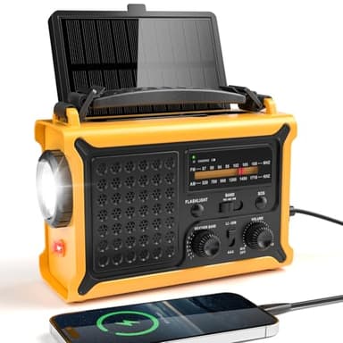 Portable Radio Dynamo, AM/FM Radio Solaire avec 12000mAh Batterie Rechargeable & Manivelle, Camping Portable avec Lampe de Poche & Lumière de Lecture, Alarme SOS, Idéal pour l'extérieur et la Maison