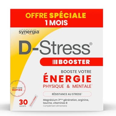 D-STRESS BOOSTER Pack Eco 1 Mois 30 sachets | Magnésium de 3ème génération | Booste l’Énergie Physique et Mentale et Gère les Montées de Stress en 30 Minutes | Laboratoire SYNERGIA