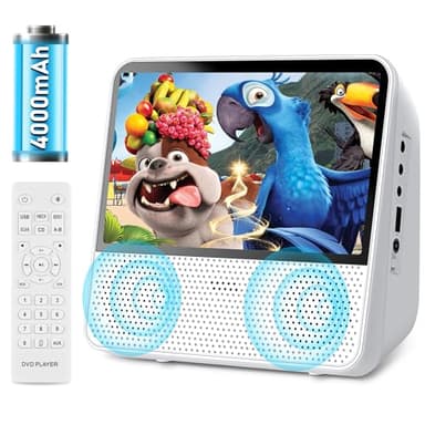 Lecteur DVD Portable avec Batterie Rechargeable 4000mAh, Compatible CD/DVD/Bluetooth/USB/MP3/AV, Lecteur CD/DVD à Double Haut-Parleur intégré, Lecture en mémoire/télécommande/minuterie (Blanc)