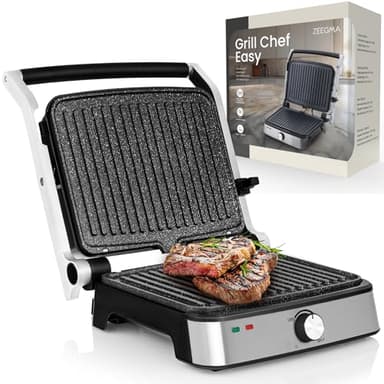 Zeegma Grill Chef Easy – Grill Électrique 2 en 1 et Presse-Panini, 2000W, Plaques Céramiques Antiadhésives, 29 x 23.2 cm², Température et Inclinaison Réglables (GRILL CHEF EASY)