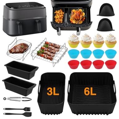 Silicone Moule Air Fryer, 28 Pièces Accessoires Air Fryer pour Philips Air Fryer Dual Basket 3000 Séries 9 Litres(6L/3L),Moule Air Fryer, Moule Pain, Grille Racks etc