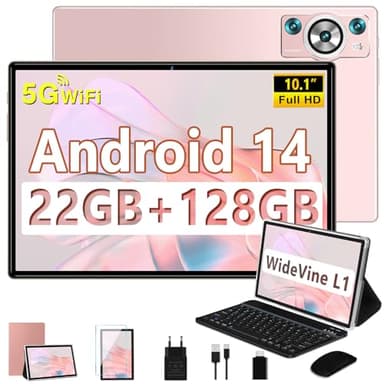 2025 Newest Tablette Android 14,Tablette 10.1 Pouces 22Go RAM+128Go ROM(TF 1To),8 Cœurs 2.0GHz,5G WiFi Tablette GMS,8000mAh/WideVine L1/FHD/BT5.0/GPS/Tablette 2 en 1 avec Clavier Souris-Or Rose