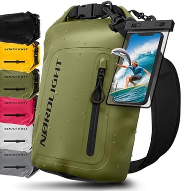 Nordlight Dry Bag Sac Étanche avec Pochette Étanche Téléphone, Fermeture Roll-Top, Bandoulière | Sac à Dos étanche Nautique, Sac Impermeable Etanche | Natation Plage Sup - Vert Olive (Opaque), 10 L