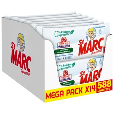 St Marc Lingette nettoyante Désinfectante 0% Résidus Agressifs, Compostable - 42 lingettes antibactérien larges en Lot de 14 (Total 588 lingettes)