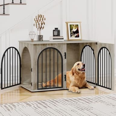 Hzuaneri 100cm Cage pour Chiens, Table d’Appoint, Niche Moderne pour Chiens Intérieur, Cage Chien de Taille Moyenne, Maisonnette pour Animaux, 3 Portes, Porte arquée, 100 x 60 x 63 cm, Ivoire Clair