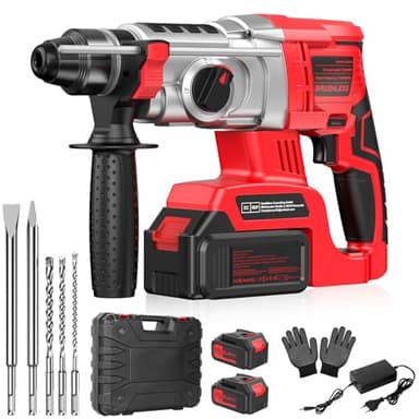 Marteau Perforateur Sans fil 2 * 4000mAh Batterie 21V, Perceuse à Percussion con SDS-Plus Mandrin, 3 Exercices, 2 Ciseaux, Adaptés au Béton, à la Maçonnerie, Aux Murs, 4 Fonctions en 1