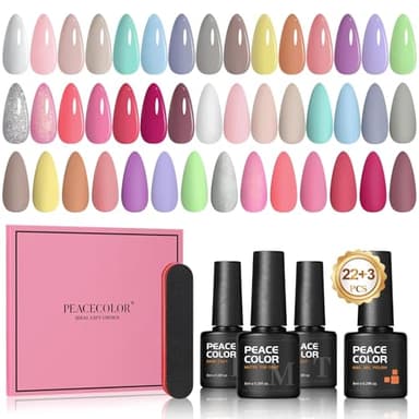PEACECOLOR 25PCS Vernis Semi Permanent , 22 Couleurs Vernis Gel UV Semi Permanent Pastel Marron Rose Vert Violet Bleu avec Base Coat Top Coat Soak Off UV/LED Vernis à Ongles Manucure Kit