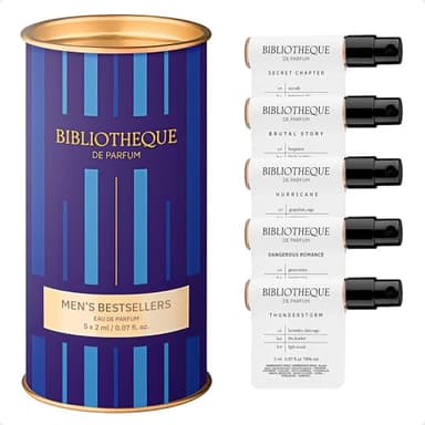 Bibliotheque de Parfum Men's Bestsellers Discovery Set avec eau de parfum pour homme, mini parfum avec 5 parfums de niche longue durée, du chypriote boisé et cuir à l'agrume frais (5 x 2 ml)