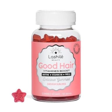 Lashilé Beauty - Complément Alimentaire - Pousse accélèrée, Croissance & Fortification des cheveux - Good Hair Vitamines - Made in France - Biotine, Zinc Vitamine B8, C, B6 - Cure 1 Mois 60 Gummies