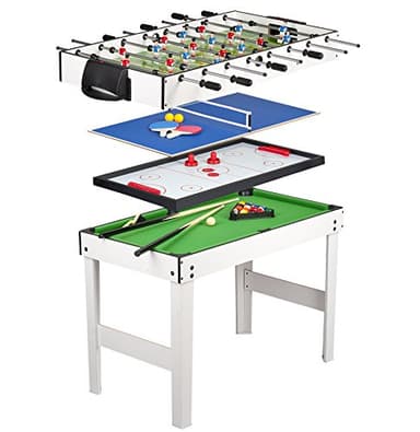 Leomark Table 4 Jeux en 1 – Babyfoot, Billard, Air Hockey et Ping-Pong – Jeu Familial Solide avec Accessoires – Dim: 118x61x82 cm Multijeux Robuste